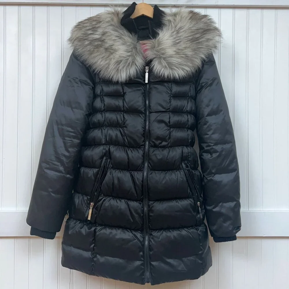 Betsey Johnson Women's M Black Puffer Coat Faux Fur Collar Warm Winter Jacket - Picture 2 of 12